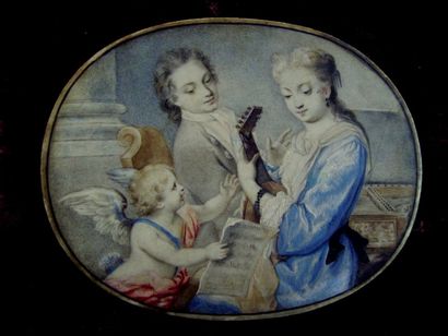 RAFAEL MENGS (1728-1779) « La leçon de musique ». Importante miniature ovale sur...