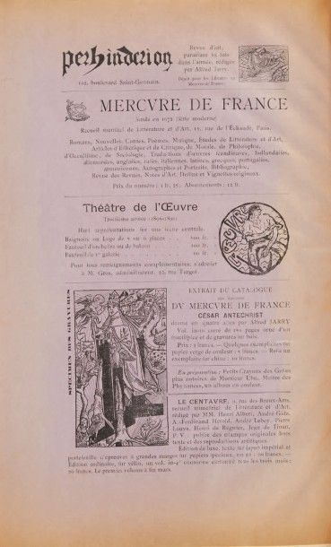 JARRY, Alfred 
Perhinderion. Paris, Imprimerie C. Renaudie, mars - juin 1896.
2 livraisons...