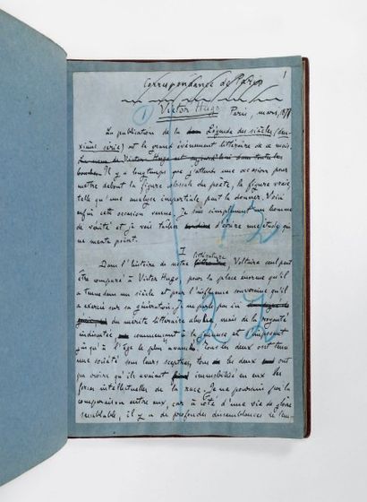 ZOLA, Émile 
Victor Hugo. Paris, 1877.
Manuscrit autographe signé in-8 (222 x 148...
