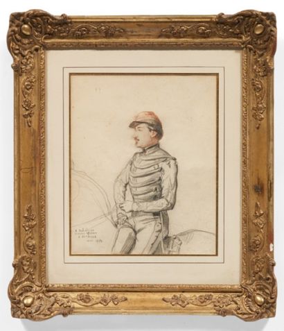 JEAN-BAPTISTE ÉDOUARD DETAILLE (1848-1912) Portrait d'un soldat à cheval
Inscrit,...