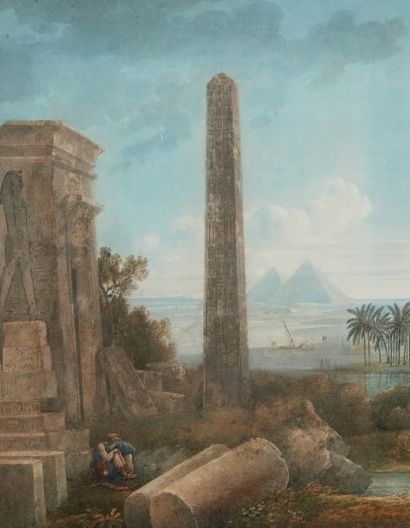 Louis François CASSAS (1756-1827) Caprice égyptien avec un obélisque et des pyramides;...