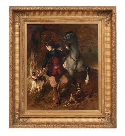 Alfred de DREUX (1810-1860) Jeune cavalier tenant son cheval par la bride et ses...