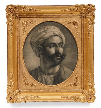 École Française du XIXe siècle Portrait d'un turc enturbanné
Pierre noire, estompe.
H_44,5...