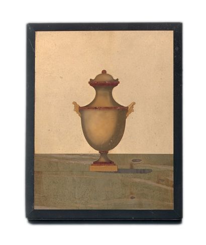 null PLAQUE RECTANGULAIRE EN PIETRA DURA à décor d'un vase couvert à l'antique.
Travail...