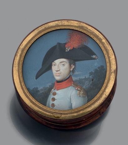 Ecole FRANCAISE vers 1800 * Portrait d'un officier dans un paysage, en buste de trois-quarts...