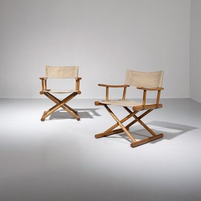 SUNE LINDSTRÖM (1906-1989) Suède 
Paire de fauteuils pliants
Frêne, laiton et tissu
Édition...