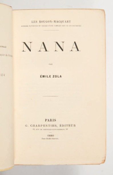 ZOLA (Emile) Nana. Paris, G. Charpentier, 1880.
In-12 de (2) ff., 524 pp.: demi-maroquin...