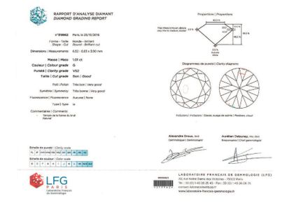 null DIAMANT de taille brillant sur papier pesant 1,01 ct.
Le diamant accompagné...