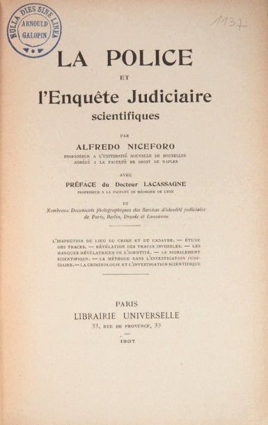 null [CRIMINOLOGIE - XXe SIÈCLE].
Ensemble de 6 ouvrages. 1901-1937.
6 volumes.
-...