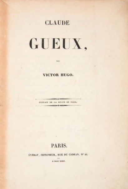 HUGO (Victor) Claude Gueux. Extrait de la Revue de Paris. Paris, Éverat, 1834. Plaquette...