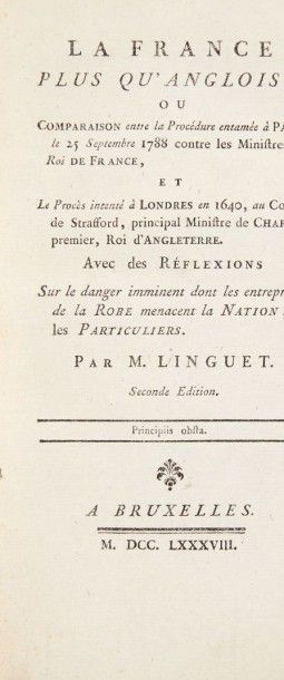 LINGUET (Simon-Nicolas) Ensemble de 2 ouvrages. 1788.
2 volumes.
- La France plus...