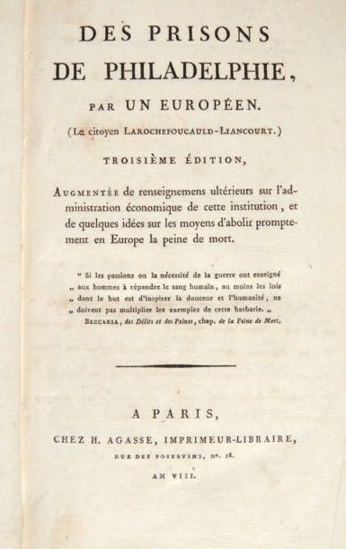 null [PRISONS ET HÔPITAUX DES ÉTATS-UNIS].
Recueil factice. 1799-1816.
Ensemble 9...
