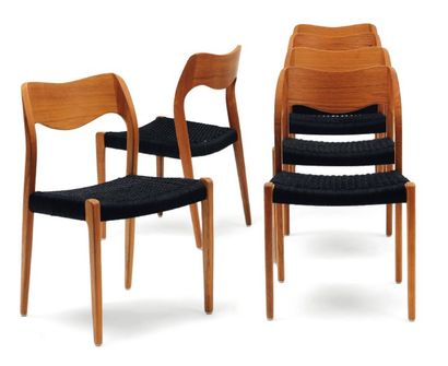 NIELS O. MOLLER (1920-1982) Suite de six chaises modèle 71 à assise en corde de papier...