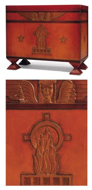 OTTO WRETLING (1876-?) Cabinet à bâti rectangulaire en bois laqué rouge et rehaut...