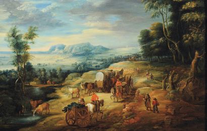 LUCAS VAN UDEN (1595-1672) Attelage dans un paysage. Panneau, une planche, non parqueté....