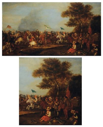 PAUWELS VAN HILEGAERT (1595-1640) Charge de cavaliers Panneau de chêne parqueté....
