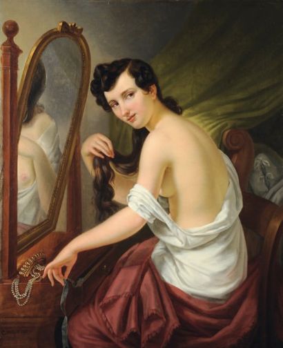 CHARLES PICQUE (1799-1869) Femme à la toilette Toile, signée en bas à gauche et datée...
