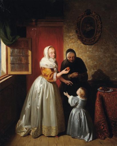 WILLEM JOSEPH VERTOMMEN (ÉCOLE BELGE, NÉ EN 1815) Jeune fille à l'orange. Panneau,...