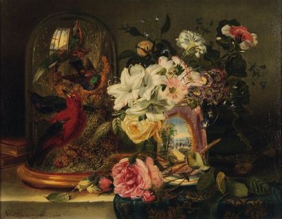 JOHN WAINWRIGHT (1860-1869) Nature morte au globe et fleurs Toile signée en bas à...