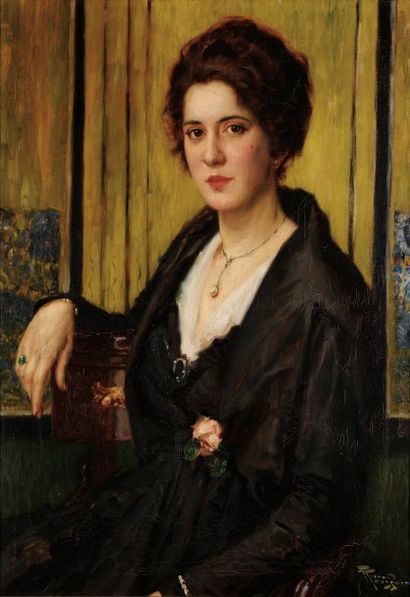 FERNAND TOUSSAINT (1873-1956) Portrait de femme assise Toile signée en bas à droite....