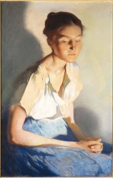 FIRMIN BAES (1874-1945) La jeune lavandière Pastel sur carton. Signé en bas à droite....