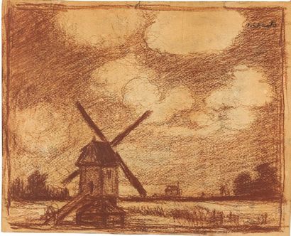 JAKOB SMITS (1855-1928) Le moulin Craie rouge sur papier. Signé en haut à droite....
