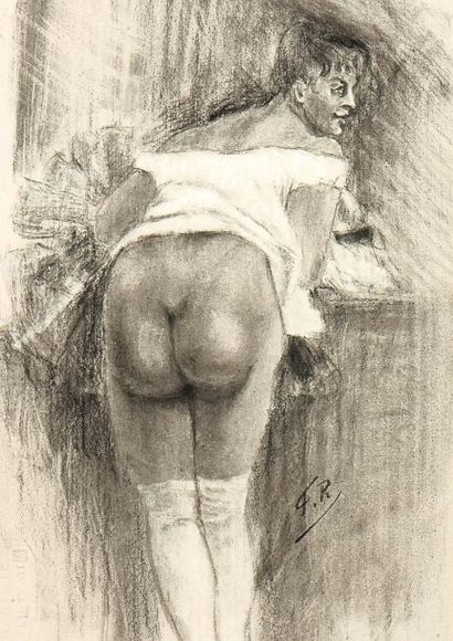 FÉLICIEN ROPS (1833-1898) Jeune femme nue, vue de dos Crayon et lavis sur papier....