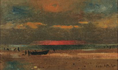 Roland OUDOT (1897-1981) Vue de plage Huile sur sa toile d'origine. Signé en bas...