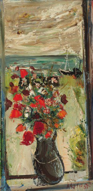 Gabriel DAUCHOT (1927-2005) Bouquet de fleurs sur fond de paysage Huile sur sa toile...