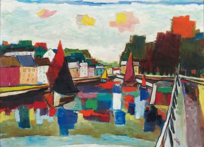 Isaac PAILES (1895-1978) Rivière près d'un village Huile sur sa toile d'origine....