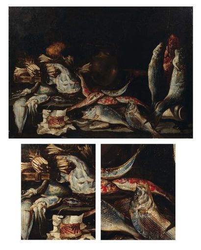 Giuseppe RECCO (Naples 1634-Alicante 1695) Repas de pêche aux rougets, calamars,...