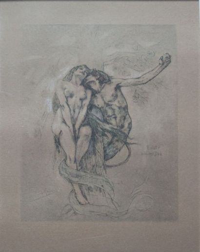 Félicien Rops (1833-1898) 
Eritis Similes Deo
Gravure rehaussée en couleur
Signée...