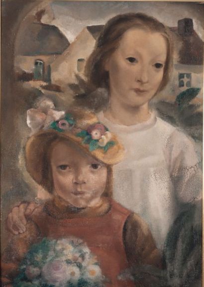 Léon NAVEZ (1900-1967) 
Deux jeunes filles Huile sur panneau
Signée en bas à droite
H_70...