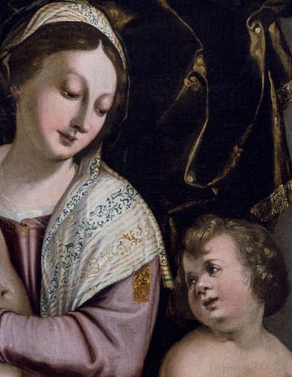 ATTRIBUÉ À BERNARDINO INDIA (VÉRONE 1528-1590) La Vierge à l'Enfant et Saint Jean-Baptiste
Toile
d'origine...