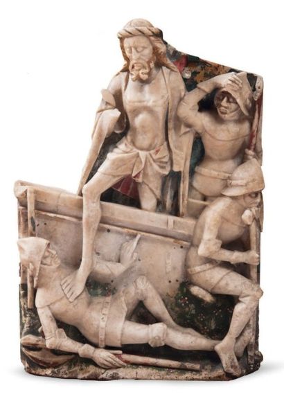 null LA RÉSURRECTION DU CHRIST en albâtre sculpté en bas-relief avec rehauts de polychromie...
