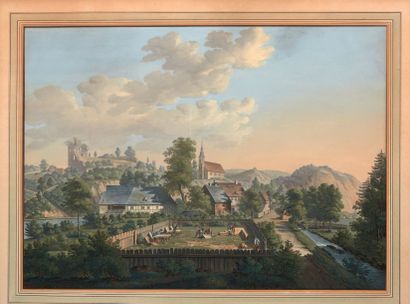 École ALLEMANDE du XIXe siècle 
Vue d'un château allemand
Gouache sur papier
Porte...