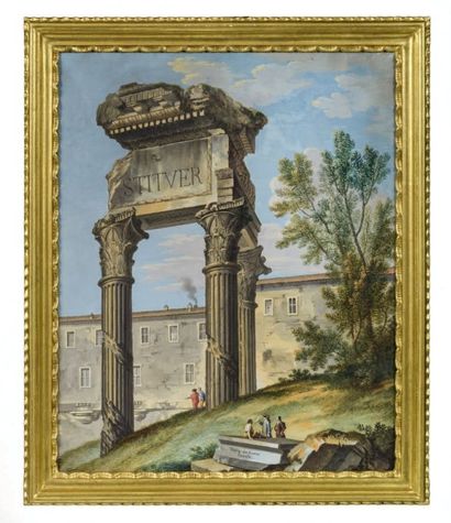 École FRANÇAISE du XVIIIe siècle 
Ensemble de trois Vues aux ruines romaines, dont...