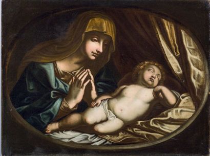 ÉCOLE ITALIENNE DU XVIIE SIÈCLE D'après Guido Reni 
La Vierge et l'Enfant Jésus endormi
Toile...