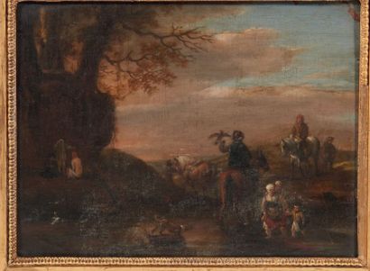 Ecole Flamande du XVIIIe siècle 
Paysage animé de personnages et animaux
Toile marouflée...