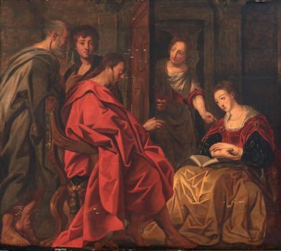 ECOLE FLAMANDE DU XVIIIE SIÈCLE, D'APRÈS JACOB JORDAENS 
Jésus chez Marthe et Marie
Panneau
H_90...