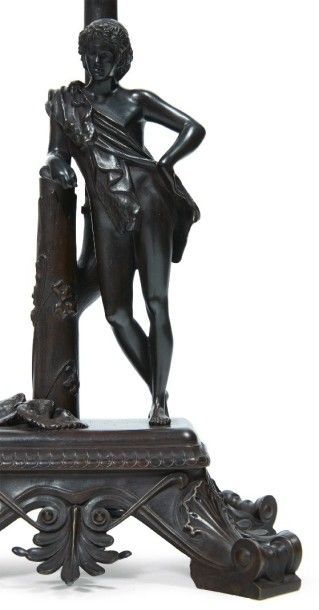 BARBEDIENNE 
PAIRE DE CANDÉLABRES en bronze patiné représentant un satyre au repos...