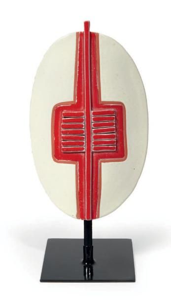 MAURO PETRONI Masque rouge et blanc
Céramique peinte.
Pièce unique.
H_32 cm L_21...