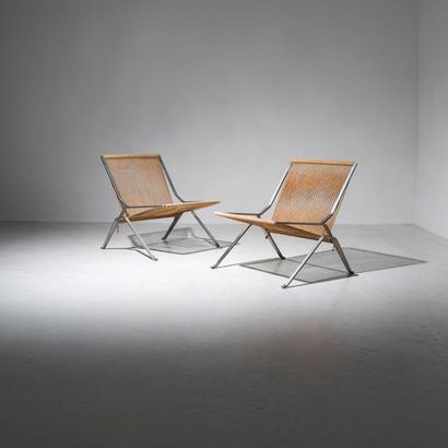 POUL KJAERHOLM (1929-1980) 
Paire de fauteuils «Element» modèle PK 25
Acier nickelé...