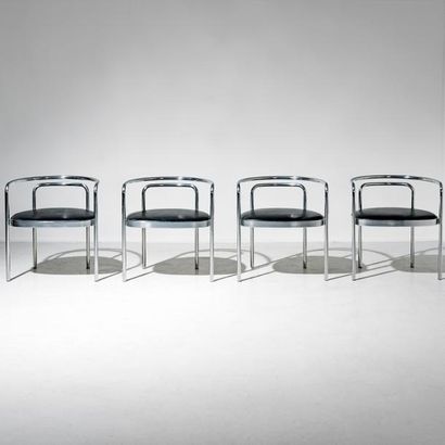 POUL KJAERHOLM (1929-1980) 
Suite de quatre fauteuils modèle «PK 12»
Acier chromé...