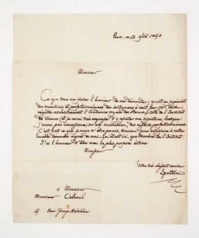Gaspare SPONTINI (1774-1851) L.A.S., Paris 15 novembre 1843, à Placide Colsoul; 1...