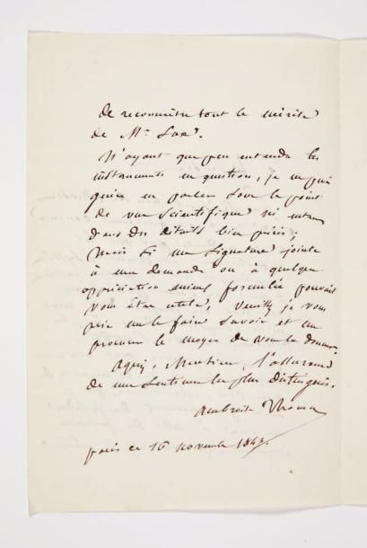 AMBROISE THOMAS (1811-1896) L.A.S., Paris 16 novembre 1843; 2 pages in-8.

En faveur...