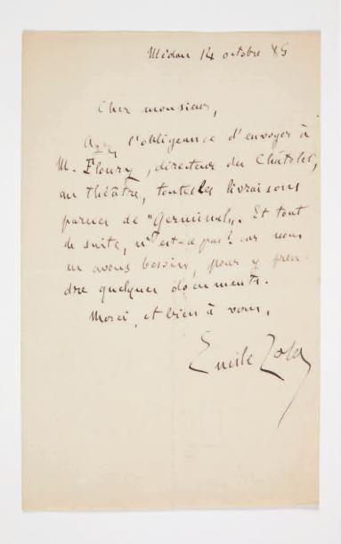 Emile zola (1840-1902) L.A.S., Médan 14 octobre 1885; 1 page in-8.Il prie d’envoyer...