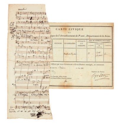 André GRÉTRY (1741-1813) Manuscrit musical (fragment) et P.S.; 1 page in-fol. et...