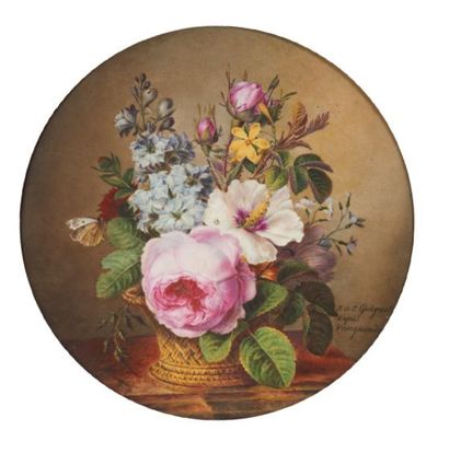 GUIGNET (ACTIF AU XIXE SIÈCLE) Corbeille de fleurs sur un entablement
Porcelaine...