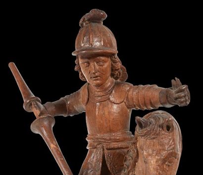 null SAINT GEORGES en chêne sculpté en ronde-bosse, revers ébauché. Revêtu d'une...